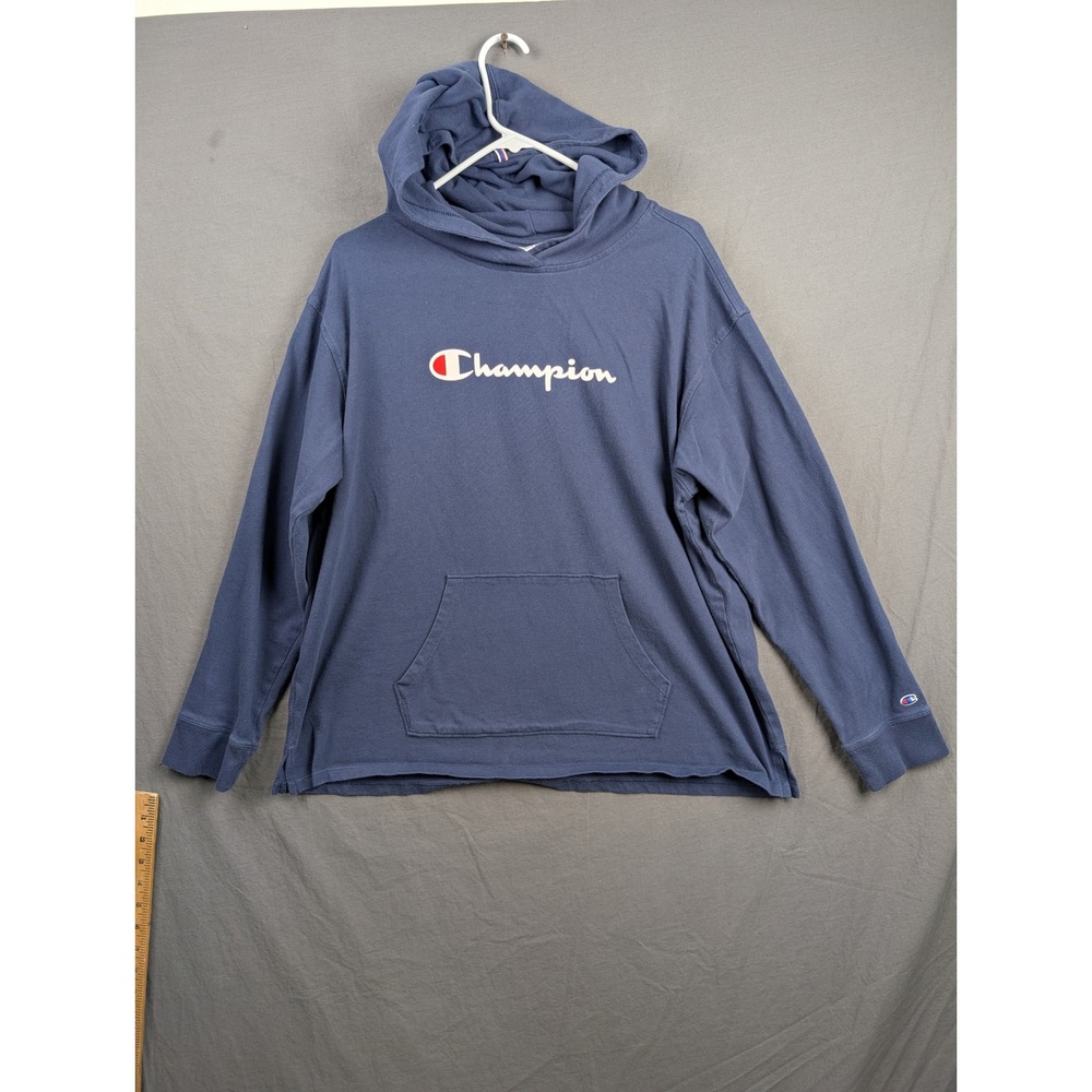 Champion Mens Blue Long Sleeve Script Logo Pullover Hoodie Size XL